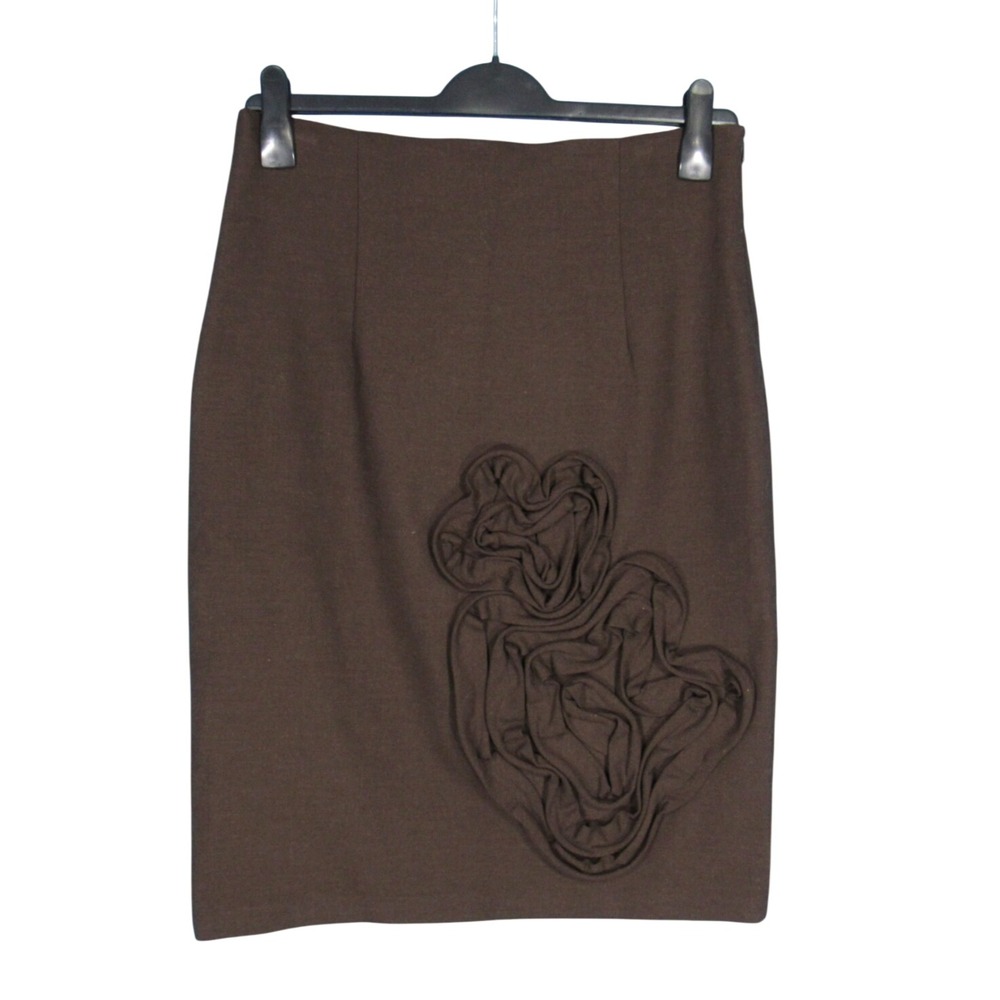 POLECI Dark Brown FLORAL EMBELLISHED Zip DARTED Straight/Pencil Skirt Sz 12